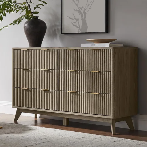 Vista 30 de T4TREAM Cómoda acanalada de 3 cajones, cómoda moderna de 32 pulgadas de alto, diseño de perfil curvo, organizador de cajones de madera para Aliso