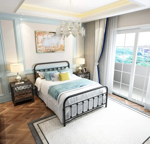 Vista 40 de TEMMER - Cama con estructura de tubos de metal de tamaño queen con cabecera, piecera y base de colchón de plataforma única, 8013 8033 8018.