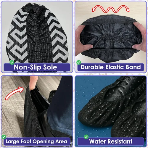 Vista 3 de Paquete de 100 fundas negras desechables extragrandes para botas y zapatos. Botines reutilizables resistentes al agua duraderos con peldaños