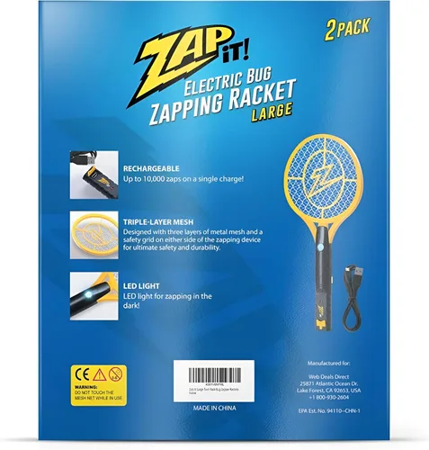 Vista 8 de ZAP IT! Raqueta matamoscas eléctrica, matamoscas de alta potencia de 4.000 voltios para interiores, recargable por USB, para uso en interiores