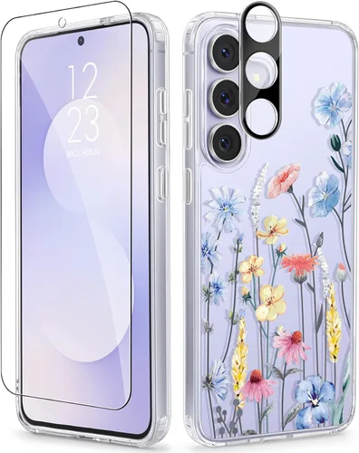 Vista 9 de GVIEWIN Funda protectora para Samsung Galaxy S25, transparente floral, delgada, a prueba de golpes, para mujer, no se pone amarilla, con protector