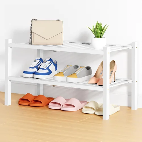 Vista 18 de Smiry Zapatero pequeño de bambú de 2 niveles, apilable, estante de almacenamiento de zapatos de madera para armario, entrada, entrada de puerta Negro