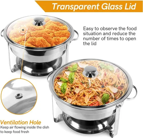 Vista 5 de Chafing Dish Buffet Set 2 Pack, 4 QT Stainless Steel Round Chafing Dishes for Buffet, Food Warmers with Glass Lid & Lid Holder For Parties Buffet