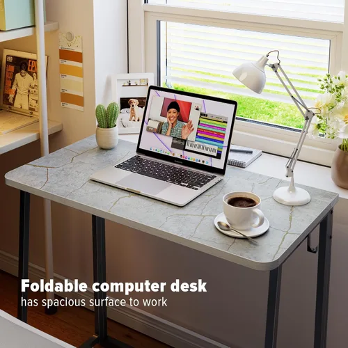 Vista 52 de WOHOMO Escritorio plegable de mármol sintético blanco, escritorio pequeño de 31.5 pulgadas para espacios pequeños con patas doradas, escritorio