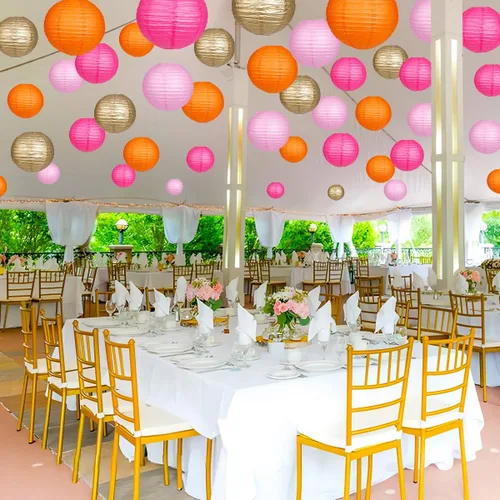 Vista 4 de Linternas de papel rosa naranja oro redondas colgantes chinas para decoración de fiesta de cumpleaños, baby shower, despedida de soltera. Paquete