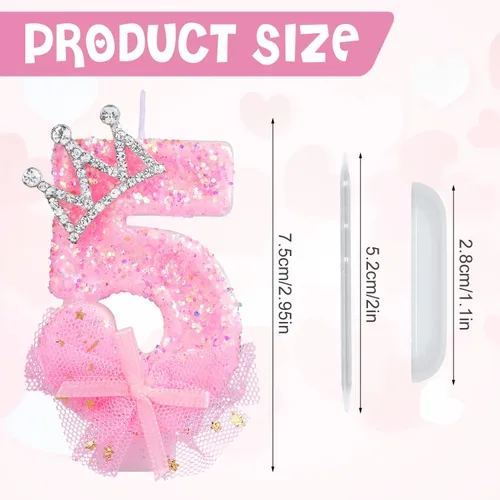 Vista 2 de Velas de número de cumpleaños, velas de malla con lazo de corona de 2.95 pulgadas, velas de números rosas con purpurina, velas de cumpleaños