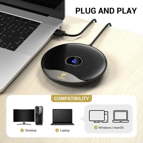 Vista 3 de TONOR Micrófono de conferencia USB, micrófono de condensador de computadora omnidireccional de 360° con botón de silencio para reuniones