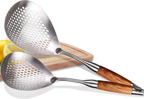 Vista 12 de MARTE Cuchara ranurada de 14.8 pulgadas para pasta, cuchara para cocinar y freír, cuchara coladora de cocina con mango de madera negra resistente al