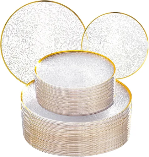 Vista 13 de Liacere 100 piezas de platos de plástico duraderos - Platos de plástico gris con borde dorado - 100 platos grises para cena, perfectos para bodas