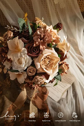 Vista 4 de Ling's moment Opulent - Ramo de novia marrón para novia, ramos de boda beige para novia, ramos de flores artificiales redondas de seda de 13 pulgadas