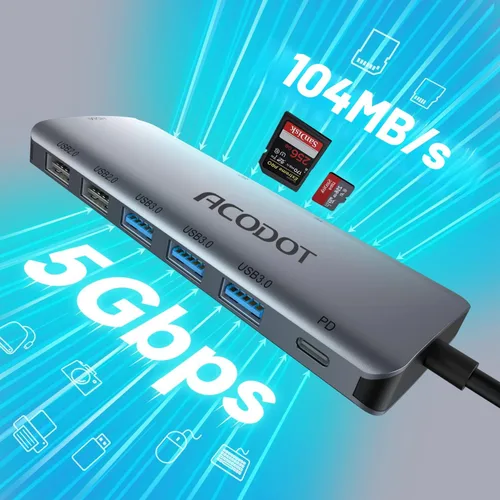 Vista 4 de Hub USB C, Acodot Adaptador USB C de 9 en 1 a HDMI 4K@60HZ multipuerto, 3 puertos USB 3.0, lector de tarjetas SD/TF, 100W PD, diseñado para MacBook