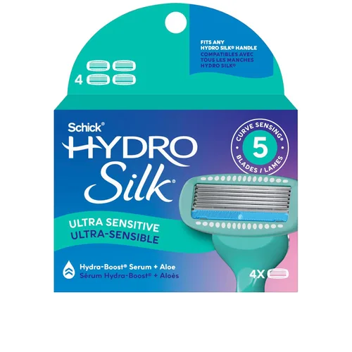 Schick Hydro Silk Sensitive - Recambios de cuchillas de afeitar para mujer, 4 unidades, maquinillas de afeitar de 5 cuchillas para piel sensible |
