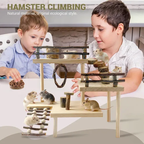 Vista 7 de RoseFlower Plataforma de hámster de madera para jaula, juguete de escalada para patio de recreo, animales pequeños, juego de actividades