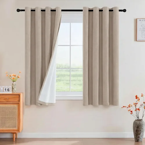 Vista 29 de PrinceDeco Cortinas con textura de lino 100% opacas de 64 pulgadas de largo, juego de 2 paneles de cortinas de lino opacas con forro aislante Arena