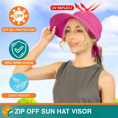 Vista 57 de SUN CUBE Sombrero de sol para mujer para protección UV al aire libre, sombrero de sol de ala ancha, cola de caballo, sombrero de playa convertible