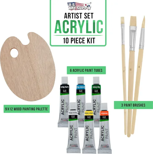 Vista 2 de US Art Supply - Set de paleta de madera con 6 unidades de acrílico y set de 3 unidades de brochas.