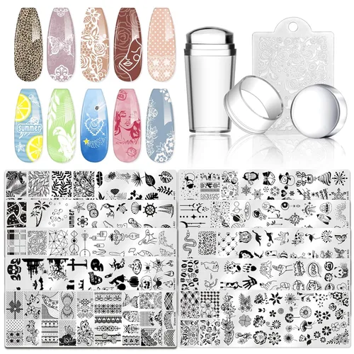 Biutee Juego de placas de estampado de uñas, 10 piezas de sellos de uñas, raspador, kit de placas de arte de uñas, plantilla de placa de encaje,