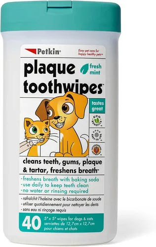 Petkin Toallitas dentales para gatos y perros, 40 toallitas (menta fresca), fórmula natural que limpia los dientes, las encías y refresca el