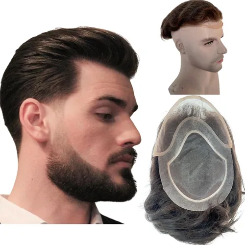 Vista 13 de Voloria Red de monofilamento de tupé para hombre con PU alrededor de la base, cabello humano virgen europeo, encaje frontal, sistema de reemplazo