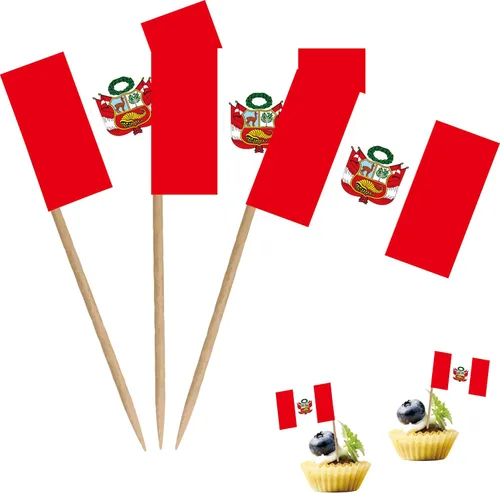 Bandera de palillo de dientes de Perú nacional peruano pequeño, mini cóctel para cupcakes de frutas, decoración de palitos de alimentos, paquete de