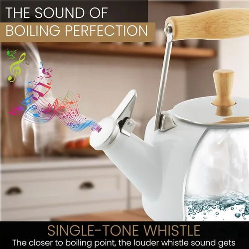 Vista 6 de Chantal SVEN - Tetera silbante esmaltada sobre acero con mango de madera natural, 1.4 cuartos de galón, color rojo manzana