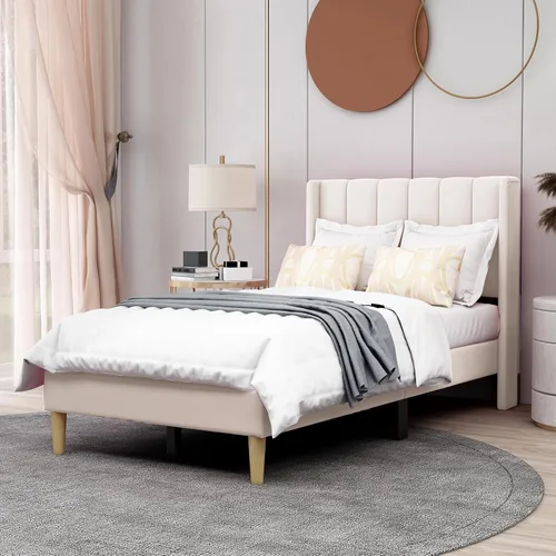 AGARTT Marco de Cama con Plataforma Tapizada Tamaño Twin con Cabecero y Piecero/Soporte de Listones de Madera/No Se Necesita Somier/Fácil Montaje,