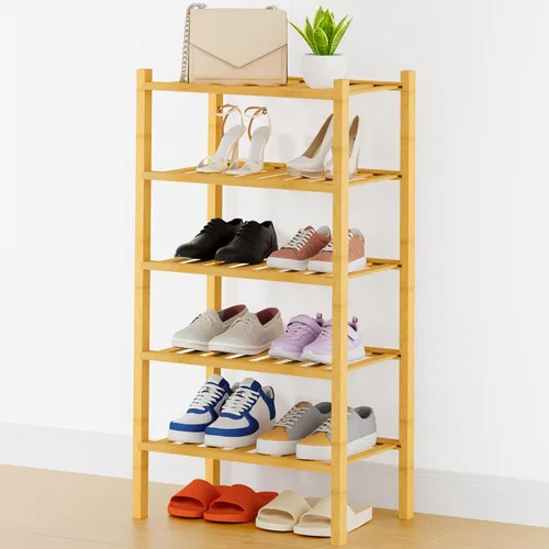 Vista 134 de Smiry Zapatero pequeño de bambú de 2 niveles, apilable, estante de almacenamiento de zapatos de madera para armario, entrada, entrada de puerta Negro
