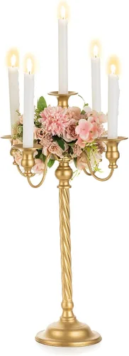 Vista 8 de Nuptio Candelabro alto dorado de 21 pulgadas, portavelas de 5 brazos, 2 portavelas cónico de metal, soporte de velas, centro de mesa para boda