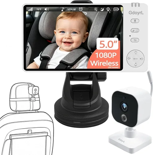 Cámara inalámbrica para automóvil de bebé con HD 1080P IPS de 5 pulgadas, monitor de asiento trasero giratorio de 360° alimentado por USB (1000
