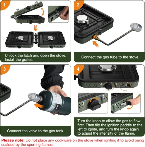 Vista 7 de Estufa de camping de propano de 2 quemadores, estufa de gas plegable portátil para acampar con 17200 BTU, dos quemadores ajustables con mango