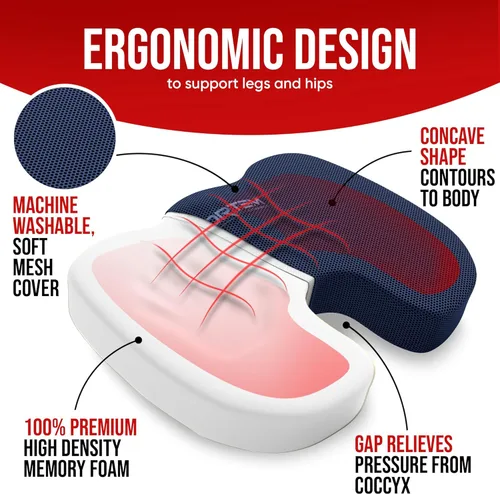 Vista 3 de FORTEM Cojín de asiento XL para oficina, soporte lumbar para silla, soporte de respaldo de espuma viscoelástica, funda lavable (azul, malla)