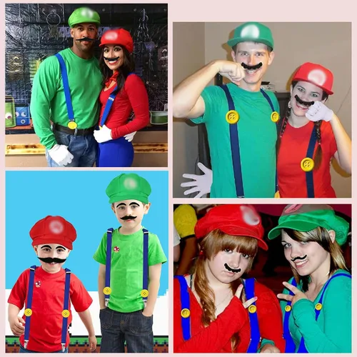 Vista 7 de Sombrero de Bros Mary & Luigi para disfraz de bigotes y guantes botones para disfraz de Halloween Cosplay
