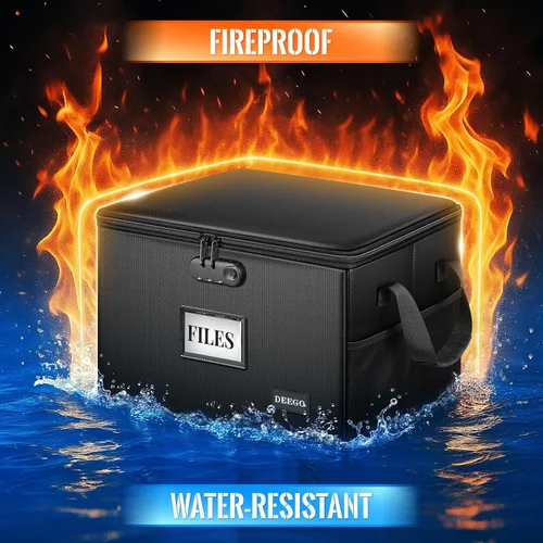 Vista 2 de DEEGO Caja de documentos ignífuga, caja organizadora de archivos resistente al agua con cerradura para documentos, organizador de archivos plegable
