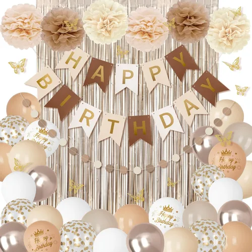 Vista 2 de Decoraciones de Cumpleaños Neutras para Mujeres y Niñas, Globos con Confeti Blanco Arena Dorado con Estampado Metálico, Calcomanías de Mariposa