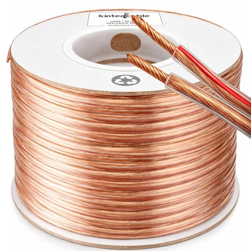 Kinter Cable 100 pies 12-Gauge Audio Estéreo Cable de Altavoz 30.48 Metros 2 Conductores con Marca de Polaridad PVC Transparente, CCA, Carrete en