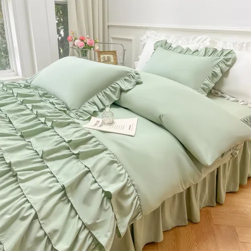 Vista 7 de MOOWOO Ropa de cama para niñas, funda de edredón con volantes en cascada, tamaño Queen, ropa de cama de 3 piezas, color liso, suave y transpirable