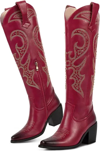 Vista 4 de wetkiss Botas vaqueras para mujer, hasta la rodilla, botas vaqueras para mujer, con diamantes de imitación, cómodas, a la moda, altas y brillantes