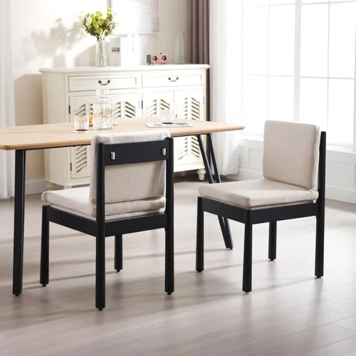 Vista 3 de ROCITY Juego de 2 sillas de comedor de madera de tela beige, sillas de cocina tapizadas sin brazos, madera negra