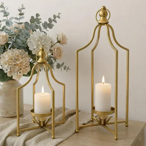 Juego de 2 faroles decorativos atemporales de 12.5 y 16.5 pulgadas, portavelas de hierro de metal hechos a mano, elegancia de granja, chimenea,