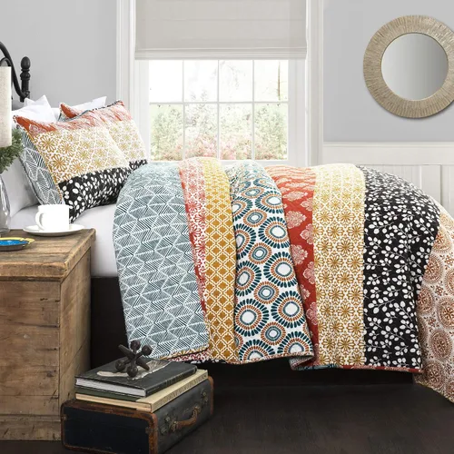 Vista 3 de Lush Decor - Juego de ropa de cama de 3 piezas, colorido diseño bohemio a rayas, reversible Azul & Verde