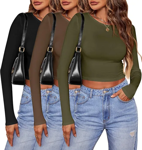 Vista 2 de Riyiper 3 piezas de camiseta corta de manga larga para mujer, ajustada, cuello redondo, camiseta básica casual para mujer