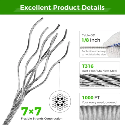 Vista 3 de WAYSKA Cable de acero inoxidable T316 de 1/8 pulgadas de 1000 pies, cable de avión con un cortador para valla, kit de barandilla de cable