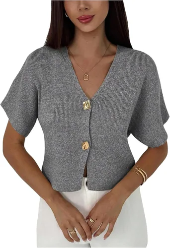 Vista 21 de SOLY HUX Cárdigan de manga corta con cuello en V para mujer marrón (Plain Brown)
