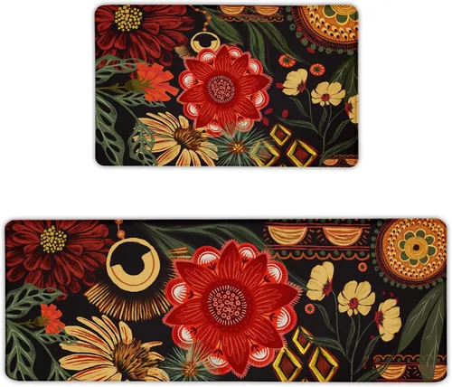 Vista 9 de Tyrot Juego de 2 alfombras de cocina con diseño azteca occidental, antifatiga, acolchadas, bohemias, para suelo, rústicas, estilo granja