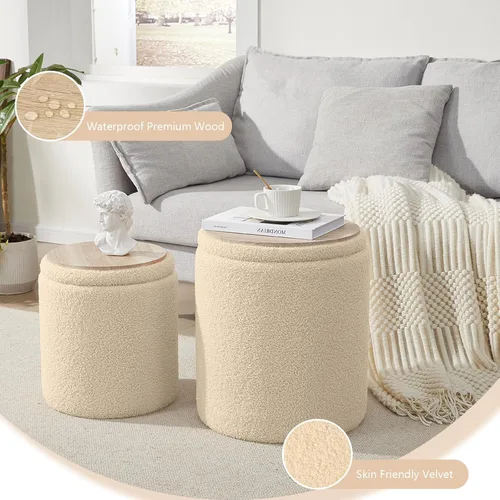 Vista 6 de Boucle - Juego de 2 otomanas redondas con almacenamiento, taburete pequeño para sala de estar, mesa de centro pequeña, taburete de tocador