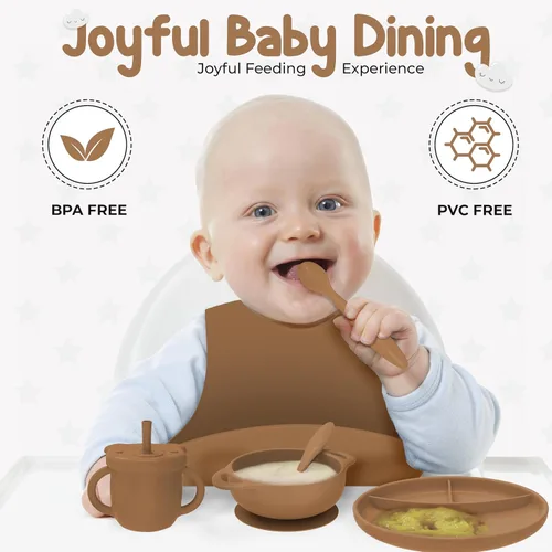 Vista 4 de Silicone Baby Feeding Set - Baby Led Weaning Supplies - 6PC Self Feeding Baby Utensils; Suction Plate, Bowl, Bib, Cup, Spoon, Fork - First Stage