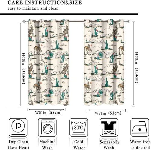 Vista 2 de Cortinas opacas retro de vaquero occidental para dormitorio, estilo rústico, cactus, salvaje oeste, vaquero, paseo, caballo, con ojales, aislamiento