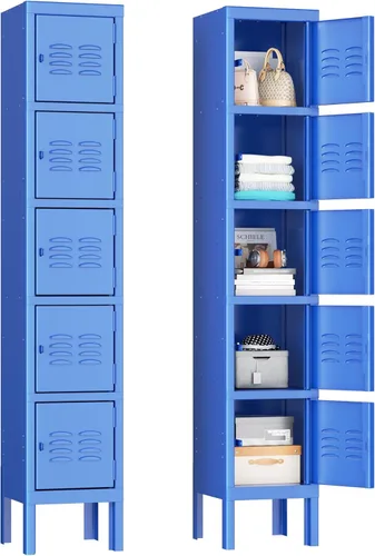 Pataku Taquillas para empleados, casilleros azules con puertas con cerradura, armario deportivo con 5 puertas, armario de metal para oficina,