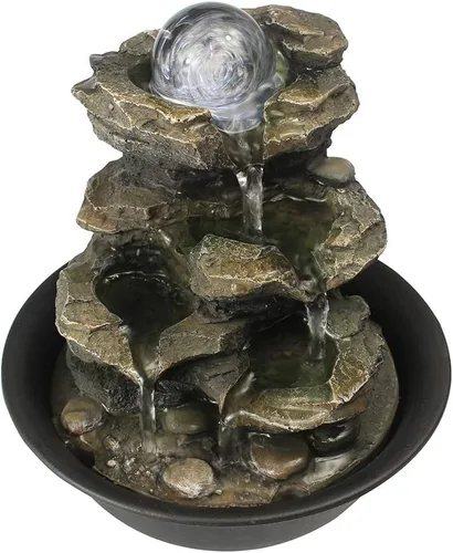 Vista 4 de Fuente de agua de mesa xpiyaer de 21 cm de alto con cascada de roca de 4 niveles y luz LED y bola giratoria - Cascada pequeña
