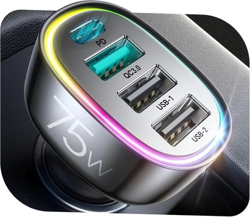 Cargador de coche USB C de 75 W, 4 puertos súper rápido encendedor de cigarrillos USB, tipo C 60 W y QC 3.0 multipuerto adaptador de teléfono de
